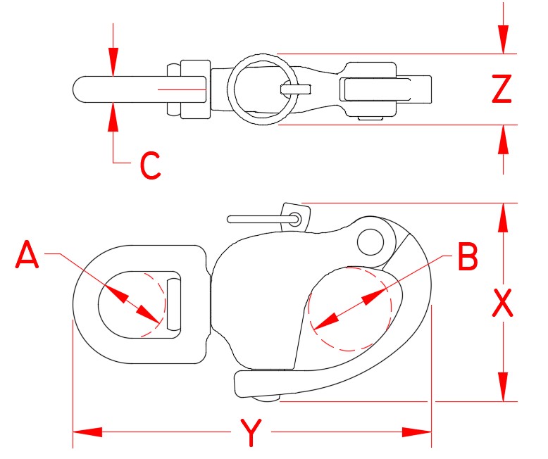 Stainless Steel Swivel Snap Shackle, S0157-0001, S0157-0002, S0157-0003, Line Drawing